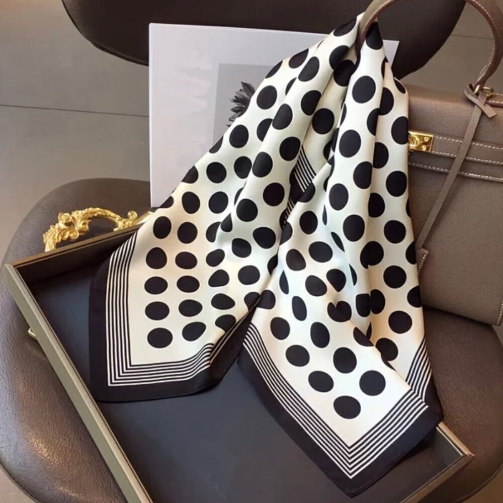 NWT Polkadot Print Square Scarf Silk Satin Black White Neck Hair Accessory